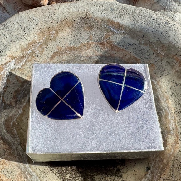 Southwestern Inspired Sterling Silver and Lapis Heart Earrings - Post Style - Picture 14 of 14